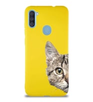 Samsung Galaxy A11 Soft Premier Kapak Catface Tasarımlı Silikon Kılıf - Sarı (Şeffaf)