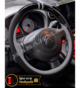 Citroen C4 Picasso Dikme Direksiyon Kılıfı Parlak Siyah Gri Detaylı Gri Çift Yüzük ve Dikiş 2010-2013