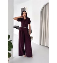 kadın bordo kemer detaylı tam boy taşlı gömlek yaka tulum NBK4592