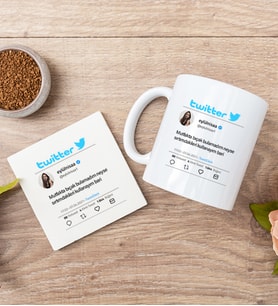 Kişiye Özel Twitter Tasarım Fotoğraflı Beyaz Kupa ve Bardak Altlığı
