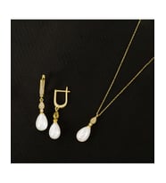 925 Ayar Zirkon Taşlı Damla Modeli Gümüş İnci Set (Altın)
