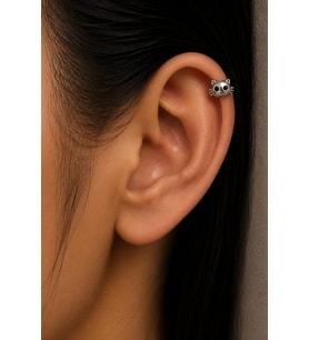 Sertifikalı 316L Çelik Siyah Göz Detaylı Kedi Yüzü Figürlü Premium Gümüş Renk Tragus ve Helix Piercing