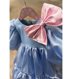 Pembe Fiyonklu Organze Balon Kol Mavi Kız Çocuk Bebek Abiye Elbise