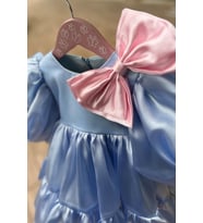 Pembe Fiyonklu Organze Balon Kol Mavi Kız Çocuk Bebek Abiye Elbise