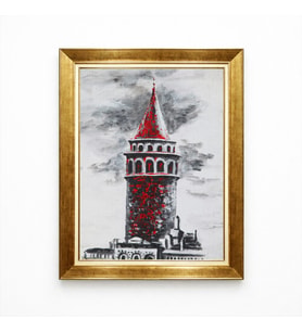 Tablore Galata Kulesi Kanvas Tablo Modern Yağlı Boya Dokulu Gold Çerçeveli