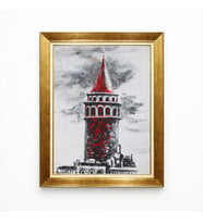 Tablore Galata Kulesi Kanvas Tablo Modern Yağlı Boya Dokulu Gold Çerçeveli