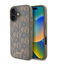 Apple iPhone 16 Uyumlu Kılıf DKNY Orjinal Lisanslı M-safe Şarj Özellikli 3D Yazılı Grid Pattern Kapak (Kahverengi)