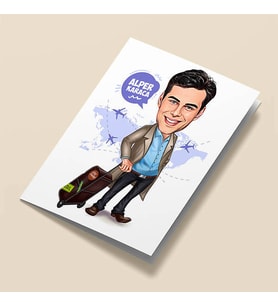 Kişiye Özel Seyahat Eden Erkek Karikatürlü Tebrik Kartı