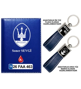 Plakanıza Özel Maserati Logolu Lacivert Ruhsat Kabı ve Anahtarlık