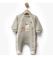 Kız Bebek Haki Yeşil Fistolu Tavşanlı Desenli Çıtçıtlı Patikli Tulum