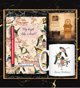 Kişiye Özel Tasarım Kupa & Kuş Desenli Defter & Kırmızı Roller Kalem & Pratik Filtre Kahve Hediye Seti