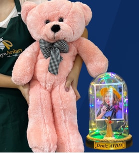 Kişiye Özel Renkli Led Işıklı Fanus ve Büyük Boy Pembe Peluş Ayıcık (Model 5)