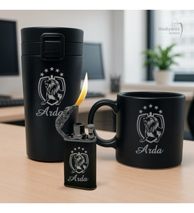 İsme Özel Aslan Temalı Çelik Termos Bardak Çakmak Kupa Premium Hediye Seti