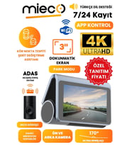 Mieco X8 Wifi /4k Uhd/ 170 Derece Ultra Geniş Açı/ Kör Nokta / Adas/  Ön + Arka Kameralı Araç Kamerası (Gri - Siyah)