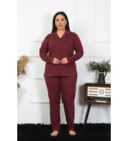 Kadın Büyük Beden Pamuklu Cepli Düğmeli Mürdüm Pijama Takım