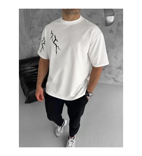 Unisex Bisiklet Yaka Baskılı Oversize T-Shirt - Beyaz