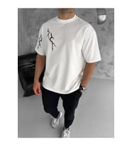 Unisex Bisiklet Yaka Baskılı Oversize T-Shirt - Beyaz