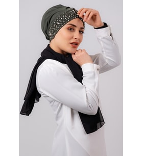 Haki Pratik Hazır Geçmeli Tesettür Bone Sandy Kumaş Taşlı 1456_09