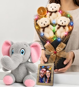 Kişiye Özel Fotoğraflı Sevimli Peluş Fil ve Renkli Led Işıklı Büyük Boy Krem Ayıcık Buketi