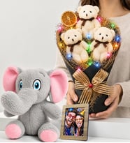 Kişiye Özel Fotoğraflı Sevimli Peluş Fil ve Renkli Led Işıklı Büyük Boy Krem Ayıcık Buketi