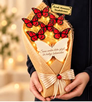 Kişiye Özel Yazılı LED Işıklı Aynalı Kırmızı Kelebek Buketi 35 cm Romantik Hediye