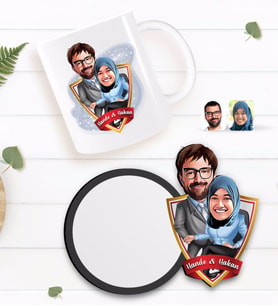 BK Gift Kişiye Özel Sevgililer Karikatürlü Beyaz Kupa ve Ahşap Bardak Altlığı Hediye Seti-59