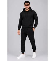 Erkek İki İplik Kapüşonlu Kanguru Cepli Sweatshirt Jogger Pantolon Alt Üst Eşofman Takımı -Siyah