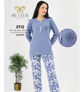 HF Club 2112 Kadın Önden Düğmeli Uzun Kollu Pijama Takımı (Lacivert)