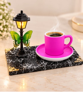 Sokak Lambalı Siyah Kaideli Tasarım Pembe Kahve Fincanı Işıklı Hediye