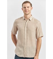 Bej Kısa Kollu Düğmeli Yaka Biyeli Keten Casual Slim Fit Dar Kesim Gömlek 1004240242