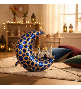 65 x 63 cm Folyo Balon Mavi Gold Desenli Cami Figürlü Hilal - Ramazan Süs Balonu