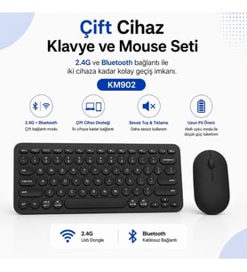 ScHitec Çift Cihaz Bağlantı Özellikli Klavye ve Mouse Set 2.4G+BT Siyah KM902