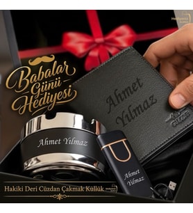 Hızlı Kargo İsme Özel Hakiki Deri Erkek Cüzdan Şarjlı Usb Çakmak ve Küllük Hediye Seti, Sevgiliye, Eşe, Babaya, Arkadaşa Kişiye Özel Hediye