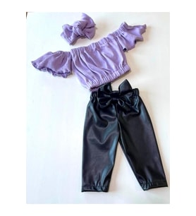 Kız Çocuk, Likralı Deri Fiyonk Detaylı Pantolon, Lila Straplez Crop Bluz Ve Saç Bandı Takımı.