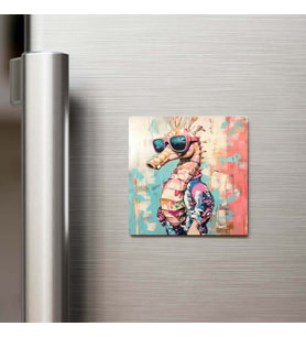 Seahorse - Denizatı - Güneş Gözlüklü Style - Buzdolap Magneti - 9x9 Cm