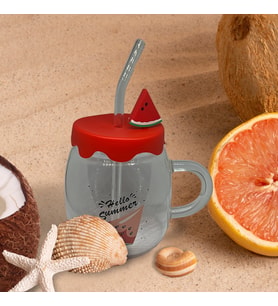 Karpuz Tasarımlı Cam Kupa Bardak - 450 ml - Silikon Kapaklı - Pipetli