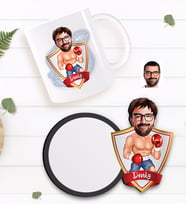 BK Gift Kişiye Özel Erkek Boksör Karikatürlü Beyaz Kupa ve Ahşap Bardak Altlığı Hediye Seti-1