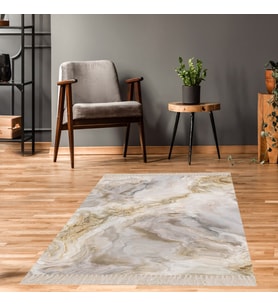 Mermer Desenli Dijital Baskı Yıkanabilir Kaymaz Taban Modern Salon Halısı ve Yolluk (Bej)