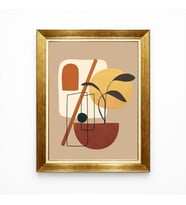 Tablore Gold Çerçeveli Soyut Bohem Yaprak Tablosu - Modern Geometrik Pastel Tonlar Duvar Dekoru