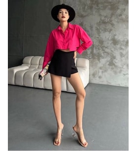 Poplin crop gömlek fuşya s3060