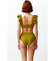 Kadın Bikini Takımı Dokulu Örme Fırfırlı Bralette Balensiz Yüksek Bel Hipster Kolsuz Kapalı Arka