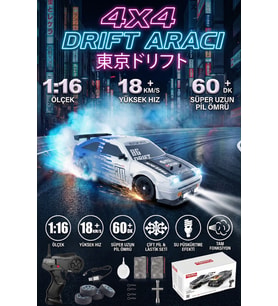 1:16 Şarjlı Uzaktan Kumandalı Drift Arabası 4 Çeker Gerçekçi Duman Efektli Yedek Lastikli RC Araba