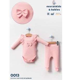 Kız Çocuk Giyim Fitilli Alt Üst Kurdeleli Fırfırlı Takım (Pembe)