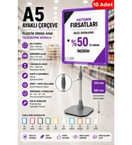 10 Adet - A5 Ayaklı Çerçeve Seti Plastik Ördek Ayak Teleskopik Borulu Fiyat Etiketliği Yönlendirme Levhası Menü Panosu Mor