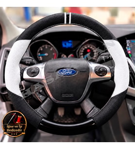 Ford C-Max Dikme Direksiyon Kılıfı Delikli Deri Parlak Siyah Beyaz Detay Çift Yüzük ve Dikiş 2010-2019