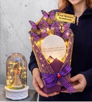 Kişiye Özel Aynalı Tasarım Led Işıklı Mor Kelebek Buketi (Led Işıklı Fanus Hediyeli) (Model 2)