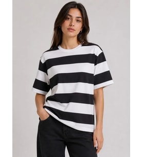 Çizgili Oversize Tişört Bisiklet Yaka Kısa Kol Yazlık T-Shirt - Siyah