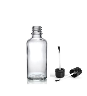 50ml şeffaf cam şişe fırça kapaklı, 24 adet, ecza şişesi, kozmetik şişe, yapıştırıcı şişesi, yağ şişesi