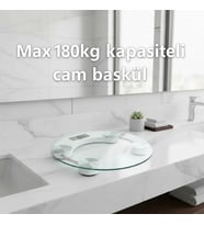 Yuvarlak Şeffaf Dijital Cam Baskül Tartı – 180 Kg Taşıma Kapasitesi, Hassas Ölçüm, Şık Tasarım Teraz
