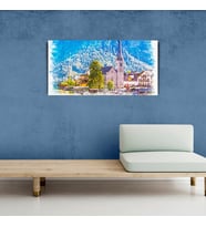 Dağ ve göl temalı Kasaba Yağlıboya Görünümlü Kanvas Tablo 60 x 120